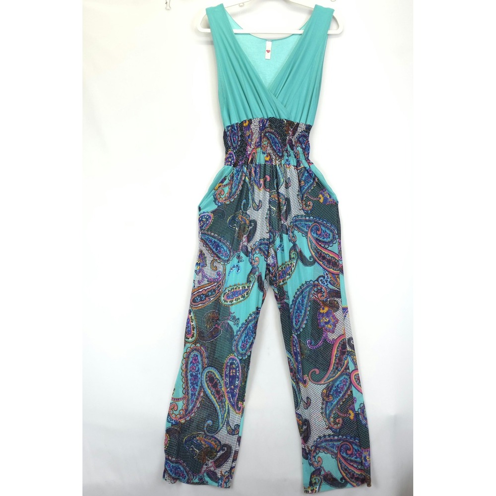 Ericka Jumpsuit Womens Large Paisley Boho Sleeveless Wide Leg Pockets Summer